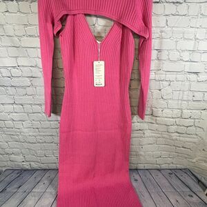 NWT AHA Selected Rosy Pink Hollow Knitted Barbiecore Party Chic Midi Dress XL